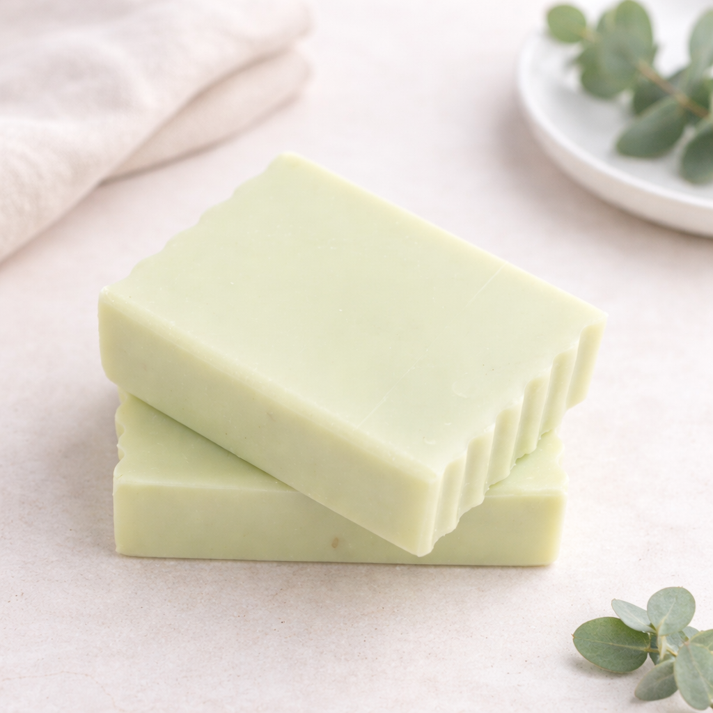 Two green bars of soap stacked on a light surface with eucalyptus leaves.