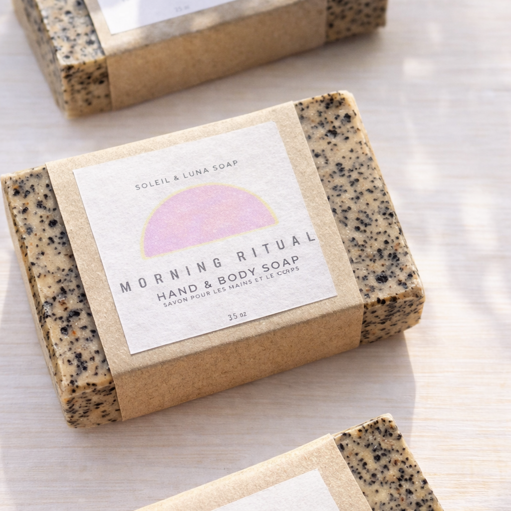 morning ritual hand and body soap reflective light on light background by soleil and luna soap