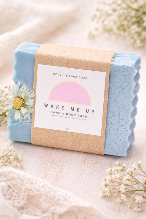 Blue coloured with white daisy on top hand and body soap displayed on a linen cloth and floral background label attached