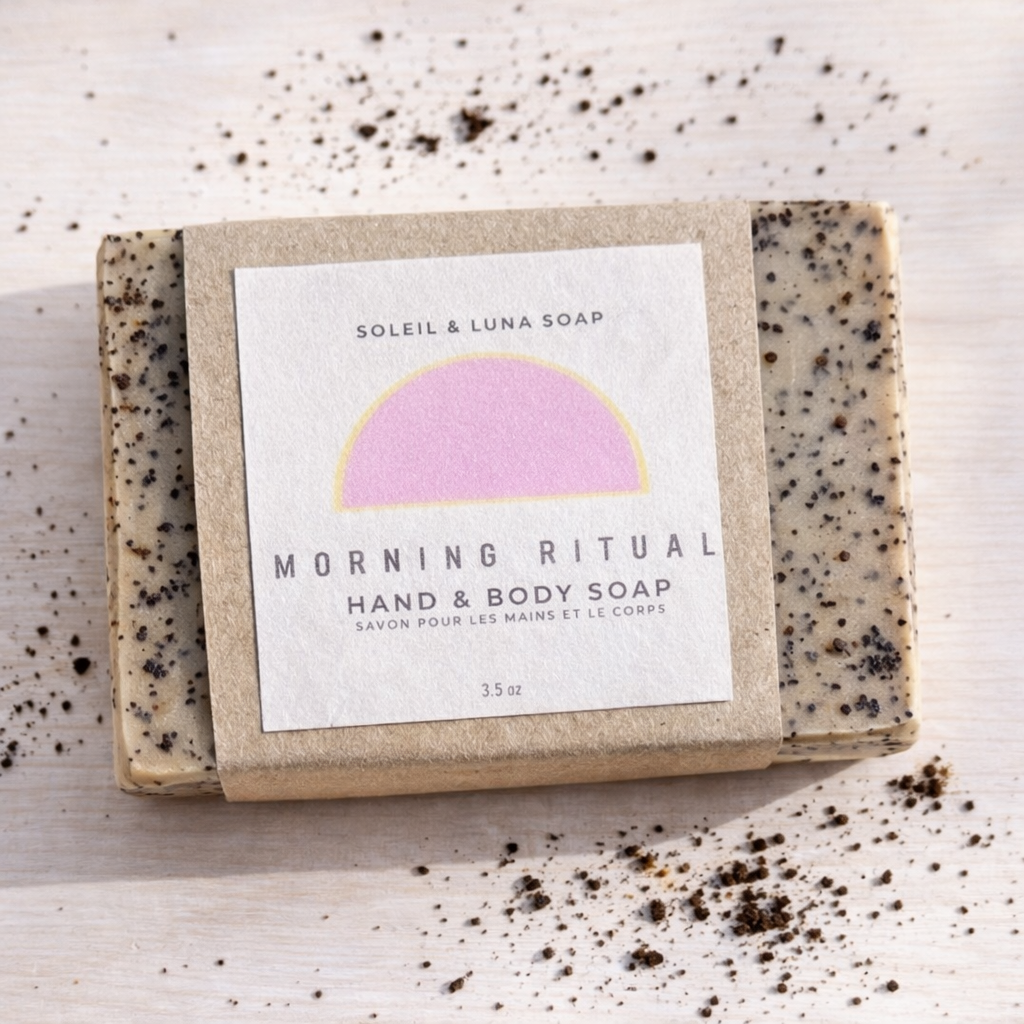 morning ritual hand and body soap scattered coffee grounds on a light background label showcased