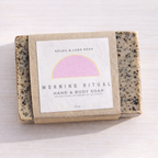one bar of morning ritual soap on light wood background