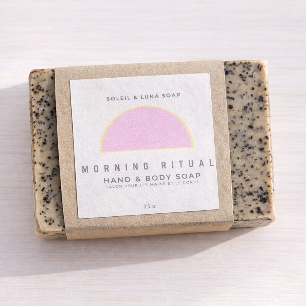one bar of morning ritual soap on light wood background