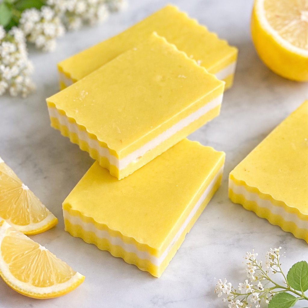 Yellow soap bars with white centers on a marble surface with lemon slices and flowers.